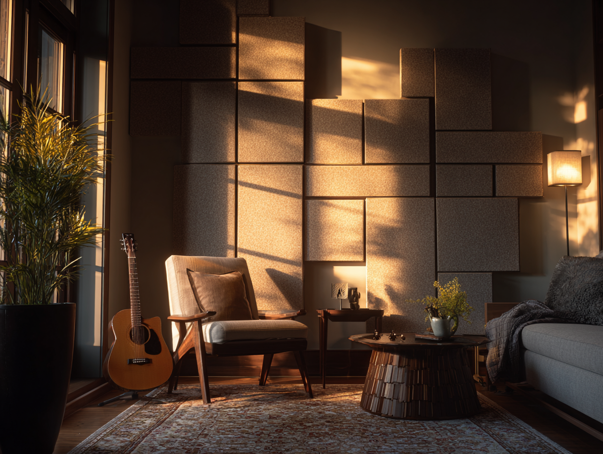 A living room with acoustic panels installed on the wall